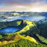 Dramatic sunset over Sete Cidades volcanic lake - panorama landscape, Azores, Portugal