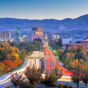 Skyline of Boise backdropped by mountains